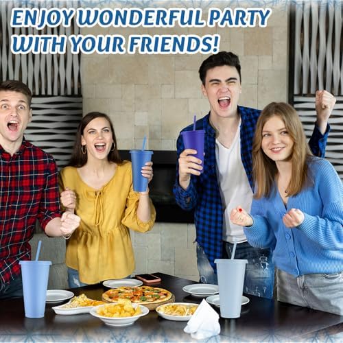 Skylety 24 Pcs Gray Blue Plastic Cups with Lids and Straws 24 oz - Image 5