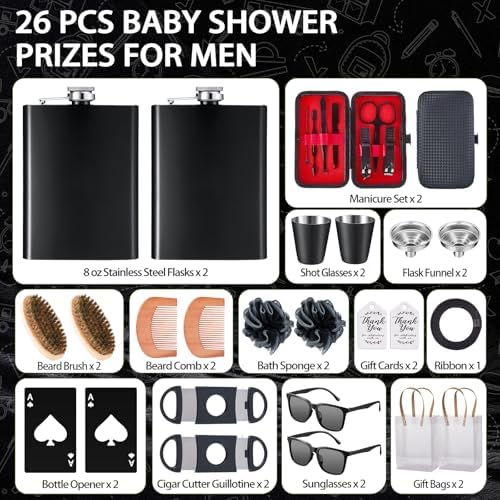 Baby Shower Prizes for Men 2 Set with 8oz Stainless Steel Hip Flask Bottle Opener Manicure Kit Bath Sponge Sunglasses Gift Bag Baby Shower Game Prizes for Winner Bachelor Party (Black, 2 Sets) - Image 4