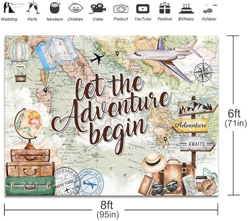 Adventure Awaits Backdrop 8x6ft Let The Adventure Begin Baby Shower Party Decorations Background World Map Travel Themed Banner Photo Booth Props - Image 3