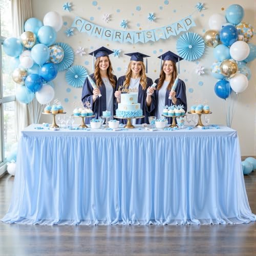 4 Pack Baby Blue Tablecloths for Rectangle Tables Tulle Tablecloth Fitted Light Blue Table Cloth Rectangle 6ft Stretch Spandex Table Cover for Baby Shower Boy Birthday Party Banquet Desk Table Skirt - Image 2