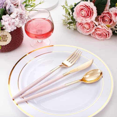 I00000 60 Pcs Pink Plastic Silverware, Fancy Gold Utensils with Pink Handle - Image 5