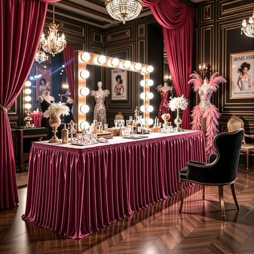 17ft Length Satin Burgundy Table Skirt Rectangle Tables, Wrinkle Free Pleated Ruffle Table Cloth Glitter Desk Skirting for Weddings Birthday Party Satge Banquet Dining Table Decorations - Image 5
