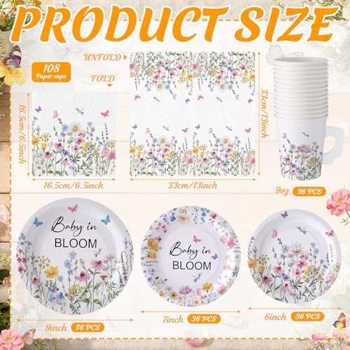 Pickmesh 252 Pcs Baby in Bloom Tea Party Supplies for 36 Guests Wildflower Paper Disposable Dinnerware Flower Teacup with Handle and Saucers Set for Tea Party Decorations Birthday Baby Shower Wedding - Image 4