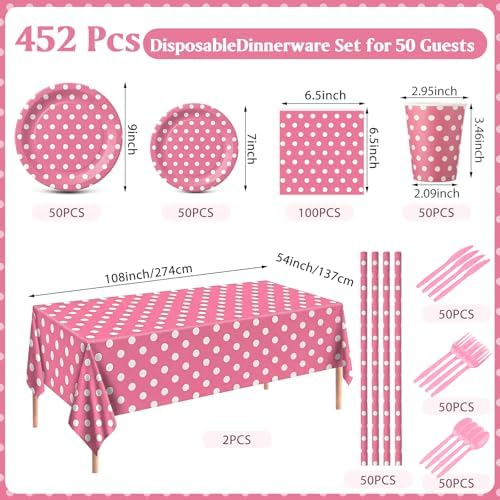 Funnymoom 452 Pcs Pink Polka Dot Party Supplies for 50, Pink and White Polka Dot Paper Plates Napkins Cups Tablecloth Cutlery Straws for Mouse Birthday Carnival Family Picnic Barbecue Party Decoration - Image 3
