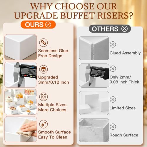10 Pcs Buffet Risers with Mini Sign and Maker Serving Tongs Cake Cutter, White Acrylic Food Display Stands for Buffet Table Party Catering Dessert Nesting Cube Boxes with Hollow Bottoms (10",9",8",7",6",5",5",4",4",3") - Image 6