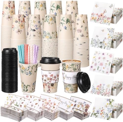 Nuogo 400pcs/100set 16 oz Vintage Floral Disposable Coffee Cups with Lids Sleeves Straws Napkins, Spring/Summer Party Tea Wedding Baby Shower Bulk Paper Cups for Hot Cold Drinks by Nuogo