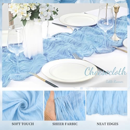 20 Pack Baby Blue Cheesecloth Table Runner 20 x 120 Inch Long Rustic Gauze Cheese Cloth Table Runner for Wedding 10FT Bridal Baby Shower Table Decorations Boho Fabric Sheer Birthday Party Table Decor - Image 3