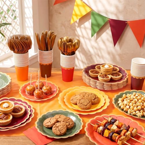 Mimorou 342 Pcs Fall Party Supplies Autumn Tableware Paper Disposable Plates Napkins Cups Plastic Tablecloth Triangle Banner for Fall Thanksgiving Party Decorations - Image 2
