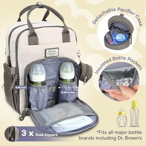RUVALINO Diaper Bag Backpack-Multifunction Baby Travel Bag with Changing pad, Insulated Bottle Holders & Pacifier Case, Large Capacity, Waterproof, Cream & Taupe - Image 4