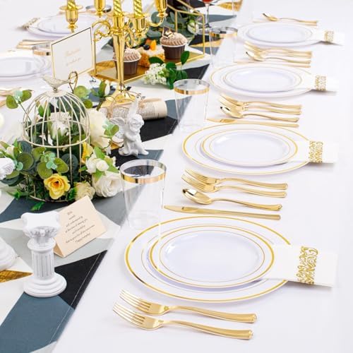 350 Pieces White and Gold Plastic Plates - 50 Guest Dinnerware Set Include 100 Plates, 50 Gold Plastic Silverware, 50 Paper Napkins and 50 Cups for Wedding/Baby Shower/Birthday/Party - Image 2