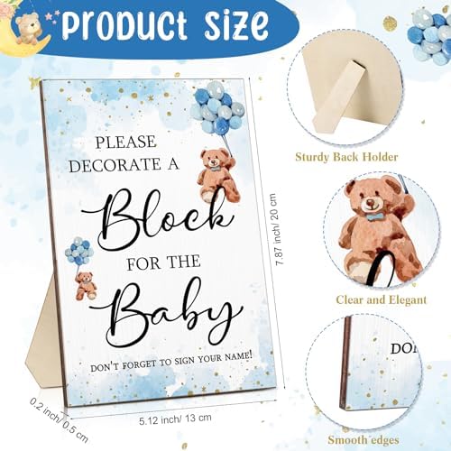 Qilery 75 Pcs Baby Shower Game Sign Kit Wood Blocks, Blue, Bear - Image 2