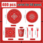 Funnymoom 400 Pcs Western Cowboy Party Supplies for 50 Guests Red Bandana Western Paper Plates and Napkins Knives Spoon Fork Cup Disposable Paisley Farm Dinner Party Set for Baby Shower Birthday - Image 3