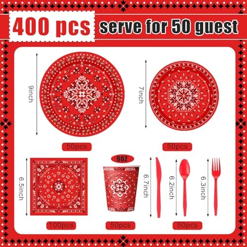 Funnymoom 400 Pcs Western Cowboy Party Supplies for 50 Guests Red Bandana Western Paper Plates and Napkins Knives Spoon Fork Cup Disposable Paisley Farm Dinner Party Set for Baby Shower Birthday - Image 3