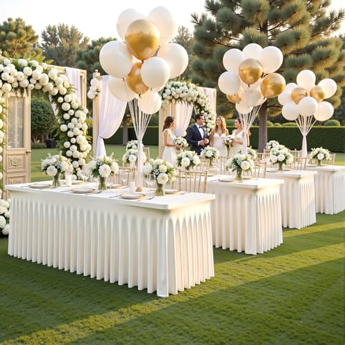 2 Pack Ivory Spandex Tablecloths for Rectangle Tables 8 Foot Ivory Stretch Table Cloth Rectangle 8ft Elastic Fitted Table Cover with Skirt for Wedding Birthday Party Banquet Baby Shower Buffet Event - Image 5