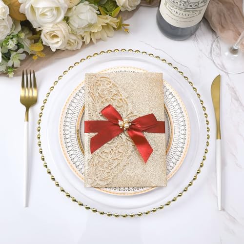 25Pcs Gold Glitter Wedding Invitations with Burgundy Ribbons Pearl, Blank - Image 6