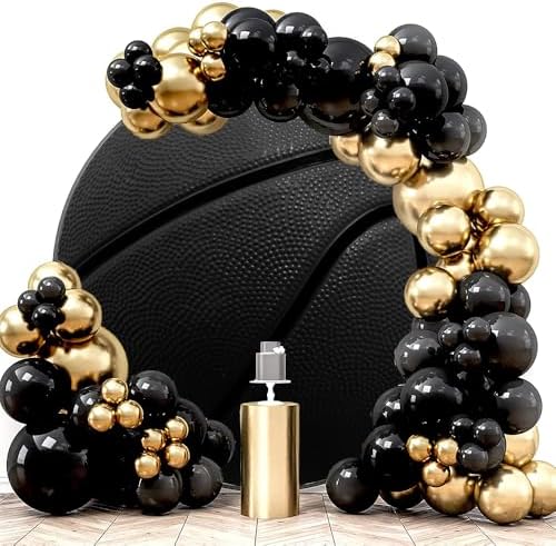Black Basketball Round Backdrop Cover Basketball Match Sports Theme Round Arch Backdrop Cover for Men Fans Kids Boys Baby Shower Birthday Party Decorations Photography Background 7.2ft - Image 4