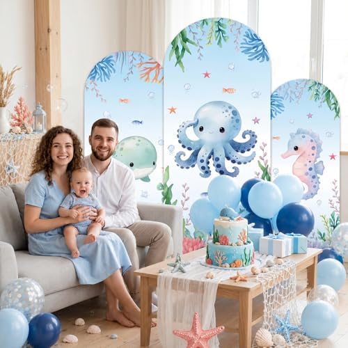 3Pcs Under The Sea Party Decoration Ocean Arch Backdrop Cover Set Underwater Milk Silk Fitted Arch Stand Cover for Summer Marine Theme Birthday Baby Shower Decor Fits 4ft 5ft 6ft - Image 5