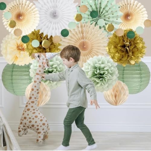 Sage Green Tissue Paper Party Decor Set, Paper Fans Pom Poms Lanterns Dot Garland for Baby Shower - Image 5