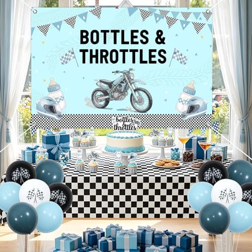 Jollyboom Bottles and Throttles Baby Shower Decorations, Racing Theme Backdrop 3 x 5 ft Banner Cake Toppers Balloons Tablecloth Kit for Boy Welcome Baby Party Pregnancy Gift Dessert Table Setup - Image 3