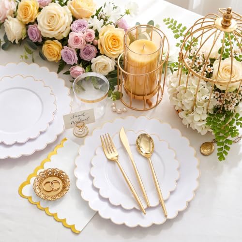 LIYH 210 Pcs Gold Scalloped Plastic Dinnerware Set 30 Guests - White Gold - Image 5