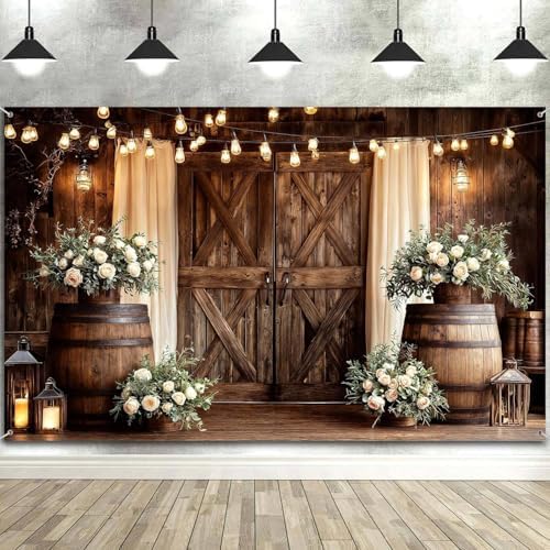 10X8FT Western Country Wedding Backdrop Rustic Barn Door White Flower Bridal Photography Backdrop Farmhouse Shabby Chic Countryside Wedding Party Banner Anniversary Floral Photo Booth Props Background - Image 4