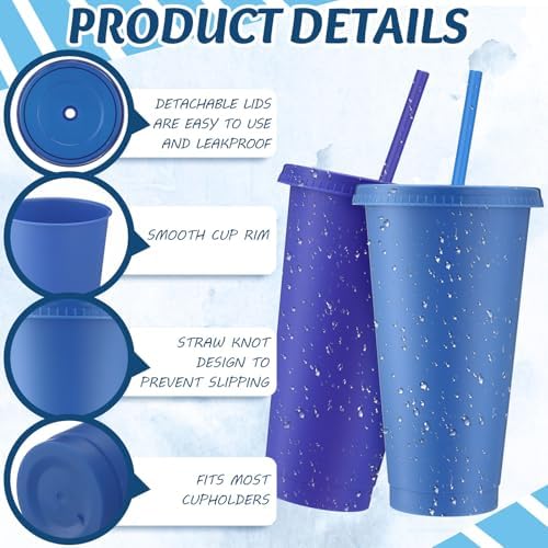 Skylety 24 Pcs Gray Blue Plastic Cups with Lids and Straws 24 oz - Image 3