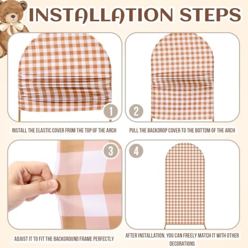 Remagr 2 Pcs We Can Bearly Wait Arch Backdrop Covers (7.2ft, 6ft) Tan Gingham & Teddy Bear Arch Covers Baby Shower Decorations with Checkered Pennant Banner for Baby Shower Party Decor Props - Image 3