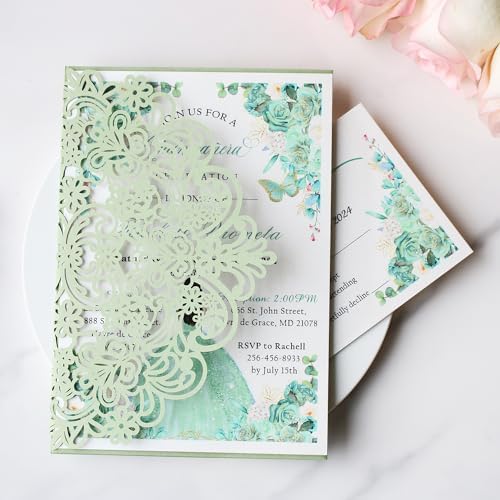 Hosmsua 50PCS Sage Green Wedding Invitation Pocket with Envelopes, 5.12 x 7.2 Trifold Laser Cut Lace Flora Invitations for Quinceanera Sweet 16 Quince Invitation (No Inner Sheet) - Image 5