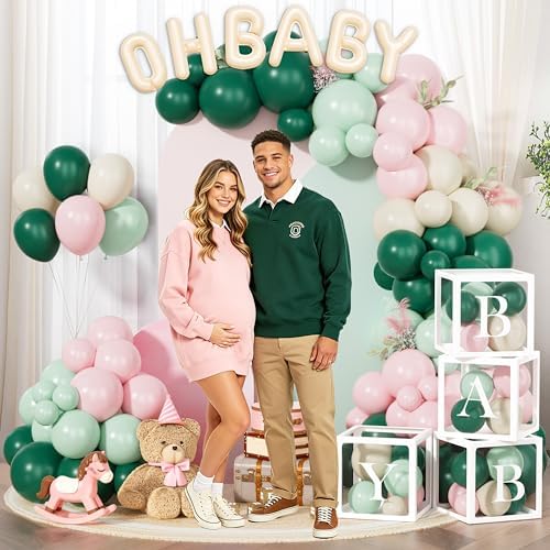 Costova Bear Baby Shower Decorations for Boys, Teddy Bear Plaid Party Supplies with Balloon Boxes, Pink Green and White Balloon Garland Arch Kit, We Can Bearly Wait Backdrop OH BABY Foil Balloons - Image 5