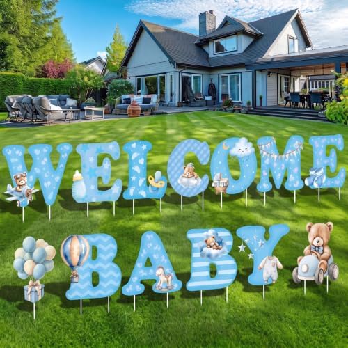 Chumia 13 Pcs Welcome Baby Yard Signs Baby Shower Yard Sign with Stakes, 15 Inch Tall Girl Boy Lawn Sign Gender Reveal Outdoor Decoration Welcome Newborn Announcement for Party Decorations(Blue) by Chumia