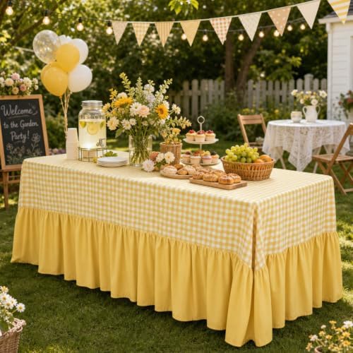 Yellow Gingham Tablecloth Plaid Ruffled Table Skirt, 132 x 90'' by Unknown