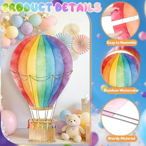 2.9 ft x 4.9 ft Rainbow Hot Air Balloon Baby Shower Decorations, Large Colorful Hot Air Shaped Cardboard Cutout, Life-Size Standup Photo Booth Props for Birthday Party Backdrops Decor - Image 3