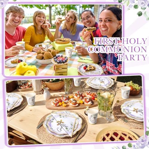 Ziliny 250 Pcs God Bless Baptism Party Tableware Set for 50 Guest First Holy Communion Decorations Purple Eucalyptus Leaves Paper Plates Napkins and Cups for Christening Baby Shower Religious - Image 5