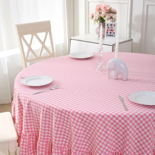 Coral Pink White Gingham Tablecloth Round Dia.70“ - Image 3