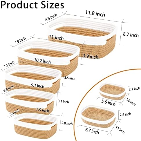 7 Piece Cotton Rope Woven Basket Set - Small Basket for Baby Nursery, Pets, Montessori, Dog & Cat Toy Boxes, Bathroom Organization Bins (White/Jute) - Image 2
