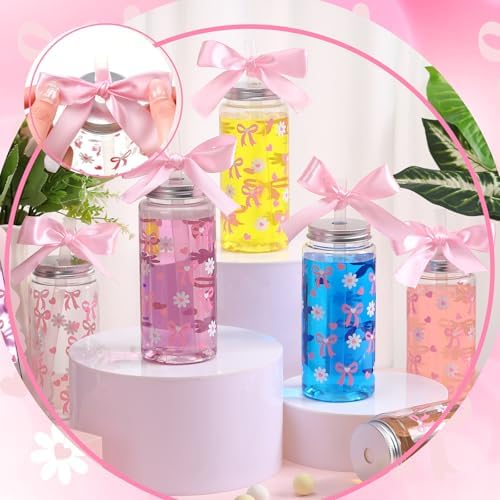 24 Pcs Pink Bow Plastic Cups Daisy Coquette Aesthetic Cup with Lids and Straws 14 oz Reusable Water Bottle Cute Preppy Tumbler with Ribbon for Birthday Bridal Wedding Party Supplies - Image 4
