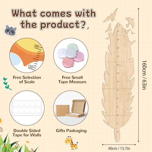 Personalized Growth Chart for Wall, Feathers Height Growth for Kids, Wooden Name Ruler for Nursery and Playroom, Baby Shower Gift 63" x 15.7" - Image 2