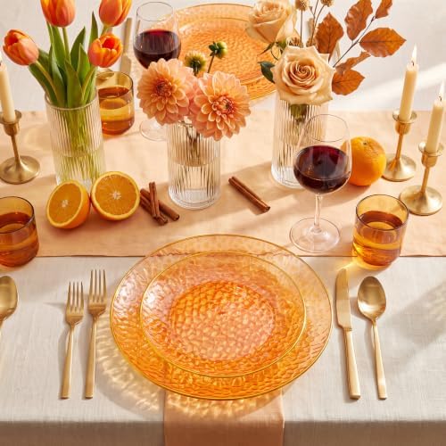 Rubtlamp 60Pcs Orange Plastic Plates, Orange Disposable Plates With Gold Rim, Hammered Plastic Plates Include 30 Dessert Platos, 30 Dinner Platos for Party - Image 4