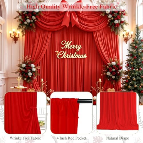 10x10ft Wrinkle Free Red Backdrop Curtain for Parties, Soft Red Christmas Photo Backdrop Curtains, Polyester Photo Backdrop Drapes for Birthday Party Baby Shower Photography Background - Image 4
