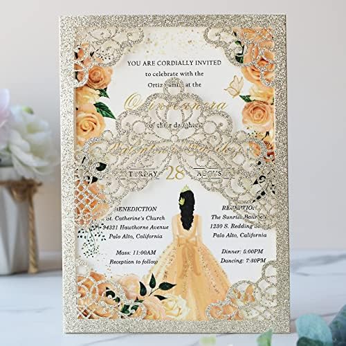 Hosmsua 50PCS 5.1x7.3 Inch Blank Champagne Glitter Quinceanera Invitations Kit Laser Cut Floral Crown Pocket Quinceanera Invitation Cards with Envelopes for Birthday Bridal Shower Quince Invite - Image 6