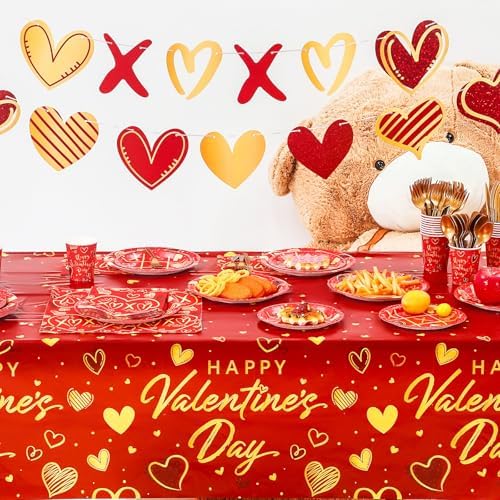 Ziliny 171 Pcs Valentine's Day Party Decorations Serve 24 Xoxo Paper Plates Napkins Cups Banner Tablecloth Cutlery Valentine Galentines Day Anniversary Wedding Baby Shower Party Supplies - Image 2