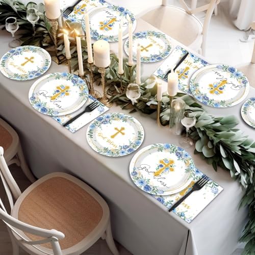 200pcs God Bless Plates Napkins Baptism Paper Tableware Set First Holy Communion Cake Dessert Disposable Dinnerware Blue Floral Party Decoration for Christening Birthday Decor Supplies Serves 50 - Image 5