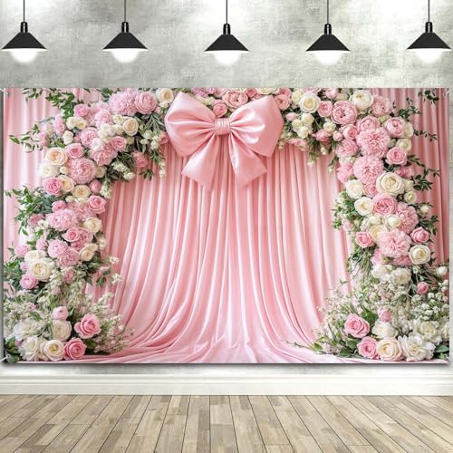 15x10ft Pink Bow Flowers Backdrop Floral Coquette Flowers Photography Background for Girls Women Birthday Party Baby Shower Decorations Wedding Bridal Backdrops Banner Photo Booth Props by Uokiuki