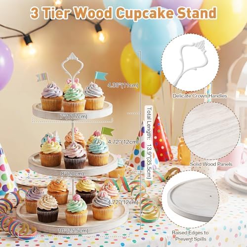 Lallisa 2 Pack 3 Tier Cupcake Stand, Wooden White Rustic Tiered Treat Stand for Wedding, Round Dessert Display Table Serving Tray, Cake Tower Holder for Bridal Baby Shower Birthday Party Farmhouse - Image 2