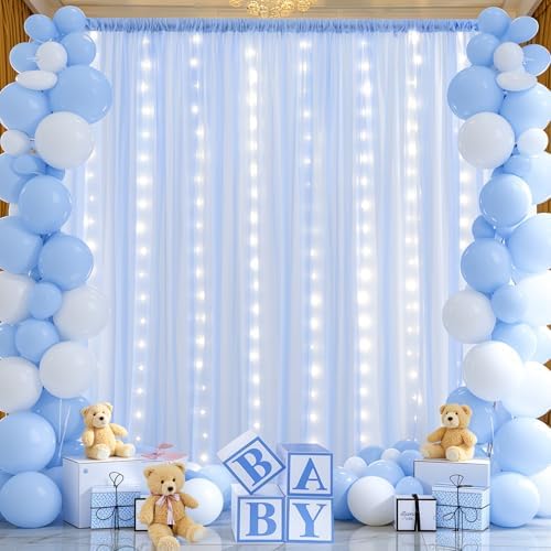 10x10ft Baby Blue Chiffon Backdrop Curtain with Lights String for Wedding Sheer Tulle Curtain Photo Backdrops Drapes for Baby Shower Birthday Party Home Ceremony Decorations - Image 4