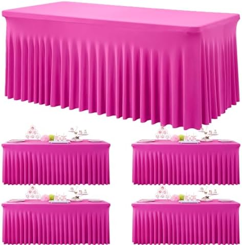 6ft Hot Pink Spandex Tablecloths for Rectangle Tables, 4pk Stretchy Table Cloths Fitted Tablecover 6 Foot Fuchsia Desk Skirt for Weddings Birthday Party Banquet Baby Shower by Htper