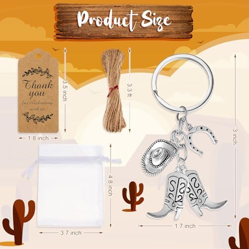 Huquary 50 Set Cowboy Western Party Favors Cowboy Western Keychain Hat Boot Horse Shoe Keyring with Organza Bags Thank You Tags and Rope for Guests Party Favor Supplies (Classic Style) - Image 2