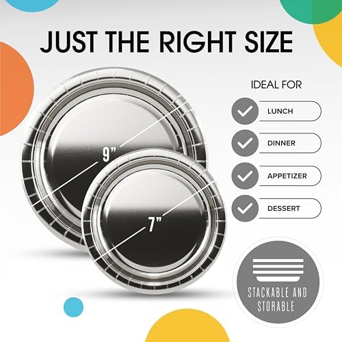Party Solids Exquisite Silver Mixed Paper Plates - 7 & 9 200 Pack (100 Each) 350 GSM - Image 4