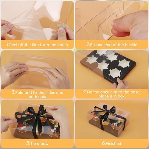 EUSOAR Cupcake Boxes, 18 Pack Black Plastic Bakery Mini Cake Pastry Containers 6 Count with Gift Ribbon, Rectangle Dessert Muffins Holder Disposable Cake Carrier for Wedding Party Favor Supplies - Image 4