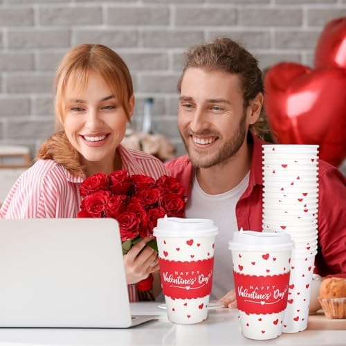 Whaline 50 Pcs Valentine's Day Disposable Coffee Cups with Lids and Sleeves Red Mini Love Heart Paper Drinking Cups for Wedding Anniversary Party Supplies - Image 6